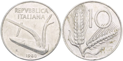 ИТАЛИЯ 10 ЛИР 1980 R, КОЛОСЬЯ, ПЛУГ KM 93 алюминий 4551-227