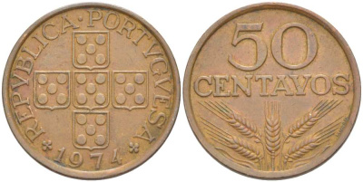 ПОРТУГАЛИЯ 50 СЕНТАВО 1974 KM 596 бронза 4513-1227