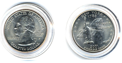 США 25 центов = квотер 2001 Р, серия штаты США, Нью-Йорк KM 318 медь плакированная медно-никелем UNC 61-655