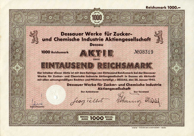 Германия 1000 рейхсмарок 1942 АО заводов Дессау для сахарной и химической промышленности, акция   бумага   8802-42-1