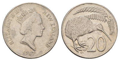 Новая Зеландия 20 центов 1987 Елизавета II (1952-2022), птичка киви KM 62 медно-никель 25-2444