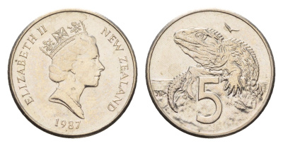 Новая Зеландия 5 центов 1987 Елизавета II (1952-2022), ящерица гаттерия KM 60 медно-никель UNC 4669-621