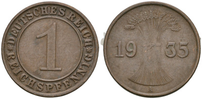 Германия 1 рейхспфенниг 1935 A KM 37, J. 313 бронза 4528-422