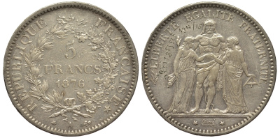 Франция 5 франков 1876 А, Геракл с богинями равенства и братства KM 820.1 серебро 1521-535