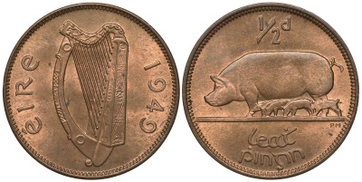 Ирландия 1/2 пенни 1949 свинья с поросятами KM 10 бронза UNC 1525-922