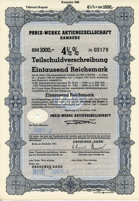 Германия 1000 рейхсмарок 1942 АО Phrix-Werke, Гамбург, 4 1/2% облигация   бумага   8804-105-1