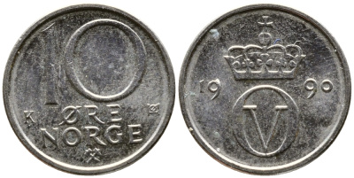 НОРВЕГИЯ 10 ЭРЕ 1990 KM 416 медно-никель 29-1135