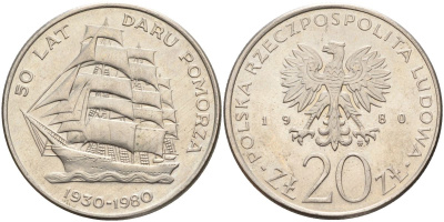 Польша 20 злотых 1980 MW, 50 лет фрегату «Дары Поморца» KM 112, Parchimowicz 253 медно-никель 4517-824