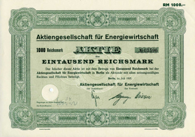 Германия 1000 рейхсмарок 1937 АО Энергетики, поставщик электроэнергии, Берлин, акция   бумага  8801-30-1