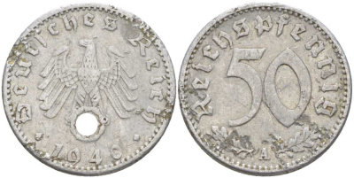 ГЕРМАНИЯ 50 РЕЙХСПФЕННИГОВ 1940 А KM 96, J. 372 алюминий 210-612