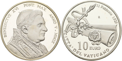 Ватикан 10 евро 2009 Бенедикт XVI, 80 лет Латеранскому договору, в оригинальной коробке, с сертификатом KM 417 серебро PROOF 7-1-53