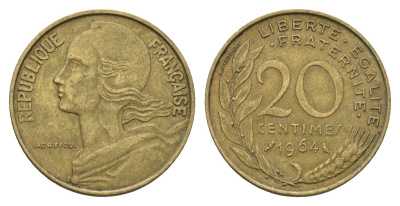 Франция 20 сантимов 1964 KM 930 алюминиевая бронза 4673-1113