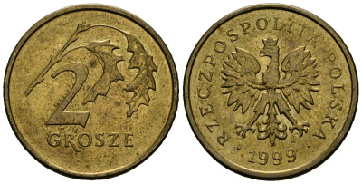 Польша 2 гроша 1999 MW KM 277, Parchimowicz 702f латунь 4136-765