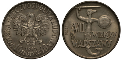 Польша 10 злотых 1965 MW, 700 лет Варшаве, проба, probe KM Pr 131 медно-никель  UNC 441-544