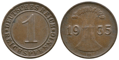 Германия 1 рейхспфенниг 1935 D KM 37, J. 313 бронза 220-118