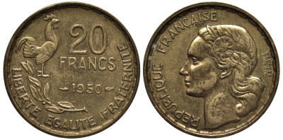 Франция 20 франков 1950 3 пера, полная подпись KM 916.1, LE FRANC 401.1 алюминиевая бронза 1530-811
