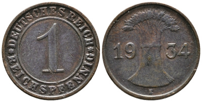 ГЕРМАНИЯ 1 РЕЙХСПФЕННИГ 1934 E KM 37, J. 313 бронза 39-1068