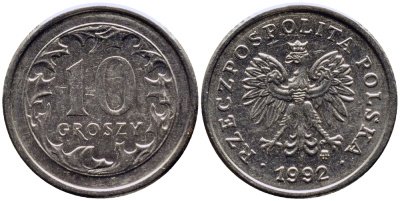 ПОЛЬША 10 ГРОШЕЙ 1992 MW KM 279 медно-никель 4381-614