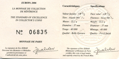 Франция 1 1/2 евро 2006 Декларация Шумана, день Европы 9 мая 1950 года, в оригинальной коробке, с сертификатом серебро PROOF 7-5-4-06