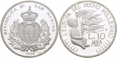 Сан-Марино 10000 лир 1998 Европа в новом тысячелетии, миллениум KM 387 серебро PROOF 11-227-35