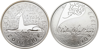 Финляндия 10 евро 2008 Мика Валтари, писатель KM 142 серебро  PROOF 11-114-24