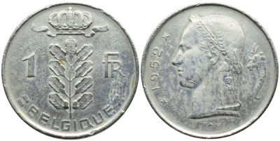 БЕЛЬГИЯ 1 ФРАНК 1952 BELGIQUE KM 142.1 медно-никель 4390-1242