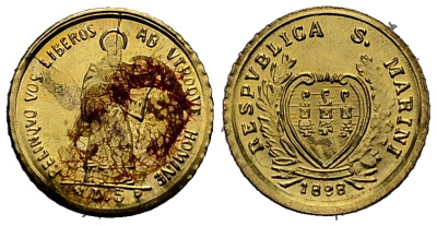 Сан-Марино 5 лир 1898 Апостол, миниатюра  золото  UNC 1521-942