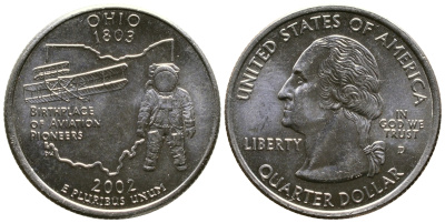 США 25 центов = квотер 2002 D, серия штаты США, Огайо KM 332 медь плакированная медно-никелем 56-417