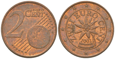 Австрия 2 евроцента 2002 KM 3083 сталь плакированная медью 4580-311