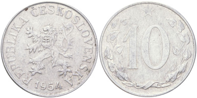 Чехословакия 10 геллеров 1954 KM 38 алюминий 4613-1045