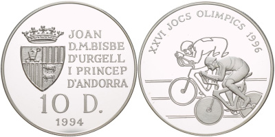 Андорра 10 динеров 1994 XXVI Олимпийские игры 1996 года велоспорт KM 95 серебро PROOF 1088-9-11