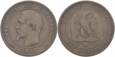 Франция 10 сантимов 1855 MA, Наполеон III (1852-1870) KM 771.6, Le Franc 133.29 бронза    4680-525