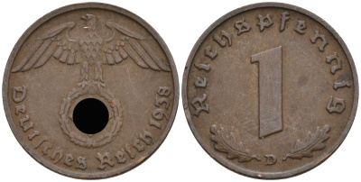 Германия 1 рейхспфенниг 1938 D KM 89, J 361 бронза 4136-611