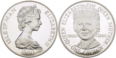 Остров Мэн 1 крона 1980 80 лет королеве Елизавете, королеве-матери КМ 68b серебро PROOF 1081-6-53
