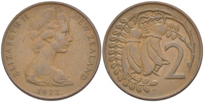Новая Зеландия 2 цента 1972 Елизавета II (1952-2022), два цветка кохаи KM 32.1 бронза 214-839