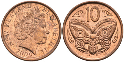 Новая Зеландия 10 центов 2009 маска Маори, Елизавета II (1952-) KM 117а сталь плакированная медью 4114-134