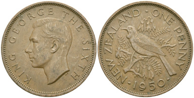 Новая Зеландия 1 пенни 1950 Георг VI (1936-1952), новозеландский туи KM 21 бронза 4536-116