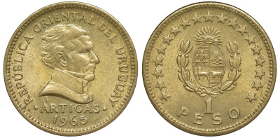 Уругвай 1 песо 1965 KM 46 алюминиевая бронза 92-514