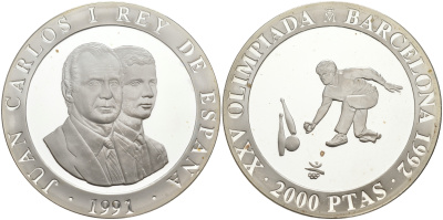 Испания 2000 песет 1991 XXV летние Олимпийские игры 1992 года в Барселоне, кегли KM 890 серебро PROOF 1072-8-51