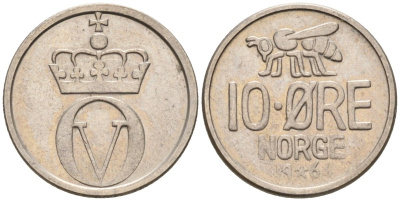 Норвегия 10 эре 1964 пчела, Улаф V (1958-1991) KM 411 медно-никель 4580-961
