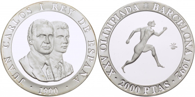 Испания 2000 песет 1990 XXV летние Олимпийские игры 1992 года в Барселоне, бег KM 864 серебро PROOF 1077-2-31