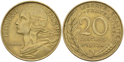 ФРАНЦИЯ 20 САНТИМОВ 1972 ТИП MARIANNE KM 930, LE FRANC 156.12 медь алюминий никель 4573-1043