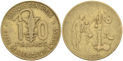 Валютное сообщество стран Западной Африки 10 франков 1992 FAO KM 10 латунь    4595-721