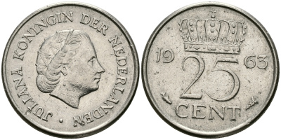 НИДЕРЛАНДЫ 25 ЦЕНТОВ 1963 ЮЛИАНА KM 183 никель 96-153