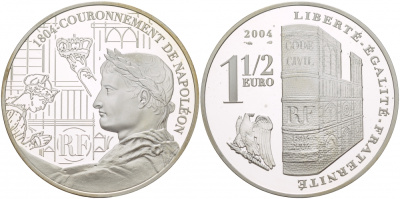 Франция 1 1/2 евро 2004 200 лет со дня коронации Наполеона Бонапарта KM 1366 серебро PROOF 1088-5-63