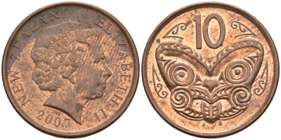 Новая Зеландия 10 центов 2007 маска Маори, Елизавета II (1952-) KM 117а сталь плакированная медью 4579-1254