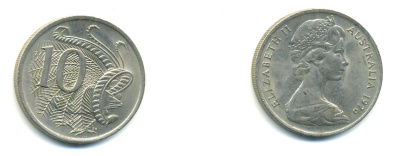 Австралия 10 центов 1976 Елизавета II (1952-), птица лирахвост KM 65 медно-никель 176-532