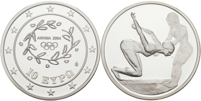 Греция 10 евро 2003 XXVIII летние Олимпийские игры 2004 года в Афинах, плавание KM 200 серебро PROOF 1074-9-51