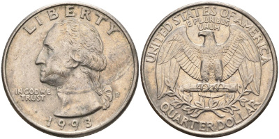 США 25 центов (квотер) 1993 D, Вашингтон KM A164a медь плакированная медно-никелем 113-1013