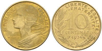 Франция 10 сантимов 1974 тип Марианна KM 929 медь алюминий никель 4594-1161